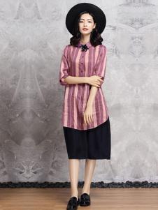 PUKKA蒲女装2017春夏新品条纹长款衬衫