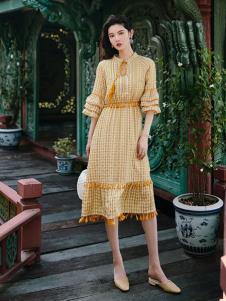 搜美女装黄色格子连衣裙
