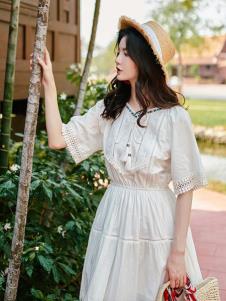 搜美女装白色文艺连衣裙