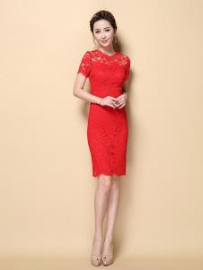 茗婉依格女装红色蕾丝连衣裙