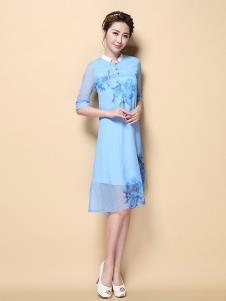 茗婉依格女装蓝色印花连衣裙