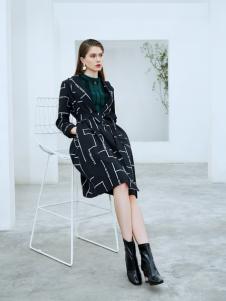 添姿2018女装新品印花黑色拼接连衣裙