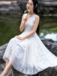 筱姿女装新品白色无袖蕾丝连衣裙