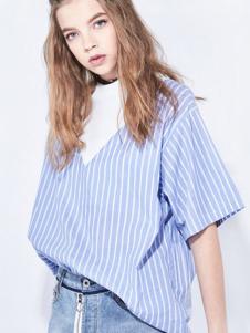地素女装新品淡蓝色条纹假两件衬衫