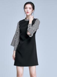 麦光女装新款黑色拼接连衣裙