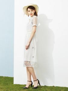 澜茨女装白色蕾丝连衣裙