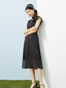 澜茨女装黑色波点连衣裙