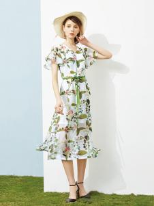 澜茨女装白色碎花甜美连衣裙