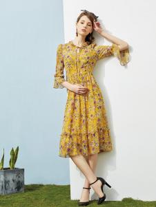 澜茨女装黄色碎花连衣裙