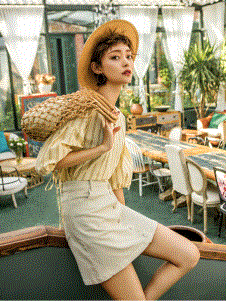 AIRIQI爱蕊崎女装新品柠檬黄竖条纹衬衫
