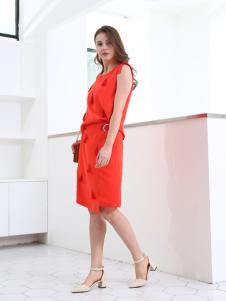 佳简衬橱女装橘红无袖连衣裙
